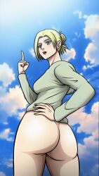 1girls annie_leonhardt ass ass_focus attack_on_titan big_ass blonde_hair blue_eyes bottomless bubble_butt butt dat_ass female hoodie light-skinned_female looking_at_viewer looking_back looking_down new_epic_artist pale-skinned_female pale_skin petite pose presenting_ass shingeki_no_kyojin sky teenager tied_hair viewed_from_below