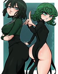 2girls ass ass_to_ass big_ass big_breasts black_dress blush bottomwear breasts clothing dat_ass dress esper_sisters female female_only fubuki_(one-punch_man) green_eyes green_hair hips huge_ass huge_breasts looking_at_viewer lordguyis multiple_girls neckwear one-punch_man pelvic_curtain short_hair side_view sideboob sisters small_breasts tatsumaki thick_lips thighs topwear