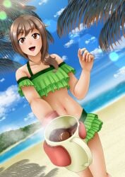 1girls amber_eyes beach belly_button bikini blue_sky brown_hair cheerful choccy_milk cute flat_chest frilled_bikini hacchake_yarou_a_team happy happy_female hatchake_taro hot_chocolate idolmaster idolmaster_cinderella_girls island looking_at_viewer midriff milo_(drink) mittens navel nestle no_nude palm_tree quieres? safe senkawa_chihiro sfw smile sunny swimsuit swimwear wholesome