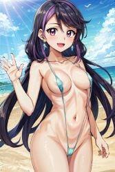 ai_generated beach_background bikini black_hair blush earrings female huge_breasts kurosaki_ruri long_hair lulu_obsidian navel purple_hair sephiaton955 sling_bikini solo yu-gi-oh! yu-gi-oh!_arc-v