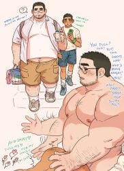 4boys all_fours anal anal_sex bara chubby dialogue dirty_talk doggy_style gay gay_sex glasses penetration shanshankuo size_difference slap slapping_butt yaoi