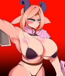 1girls anthro aqua_eyes armpits big_breasts bikini blonde_hair blush celinia_(cervina7) dragon dragon_ears dragon_horns embarrassed female female_only heavy_blush horns kerner narrowed_eyes pointy_ears portrait red_background solo three-quarter_portrait very_high_resolution wavy_mouth wingless_dragon