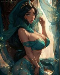 ai_generated aladdin arabian arabian_clothes arabian_female big_breasts big_eyes black_hair breasts brown_eyes busty cleavage curvy disney disney_princess earrings hijab hourglass_figure long_hair looking_at_viewer patreon patreon_username princess princess_jasmine royalty silk skizzen tiara