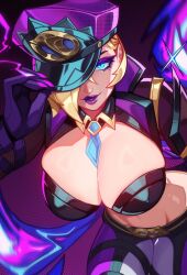 big_breasts blonde_hair blue_eyes breasts eyeliner female glowing_eyes police_hat purple_eyeliner purple_lipstick qt0ri soul_fighter_evelynn tagme