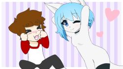 artist_request blue_eyes blue_hair blush clothed_male_nude_female edit furry happy_male jordan_sweeto small_breasts virtual_youtuber winking_at_viewer wolf_girl wolfychu youtube