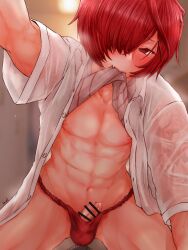 2boys arm_tattoo blush bulge censored censored_penis clothes_lift fate/grand_order fate_(series) femboy fundoshi fuuma_kotarou_(fate) hair_over_one_eye half-closed_eyes highres japanese_clothes kamenakake kamenakaoji lifted_by_self looking_at_viewer male male_focus male_only male_pov muscular muscular_femboy muscular_male oerba_yun_fang off_screen_character off_screen_male_character penis penis_out pov precum red_eyes red_fundoshi red_hair see-through see-through_clothing shirt_in_mouth shirt_lift short_hair shoulder_tattoo tattoo toned toned_male trap yaoi