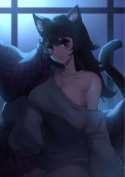 big_breasts black_hair cat_ears cat_tail catgirl clothed fully_clothed fully_clothed_female large_breasts moonlight neko night no_bra oversized_clothes oversized_shirt pillow purple_eyes saiwo streamer thatspookynekogirl twitch virtual_youtuber vtuber