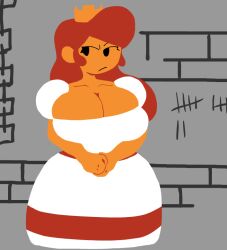 1girls big_breasts black_eyes brick_wall cleavage clothing crown dress female female_only fully_clothed hands_together hands_together_elbows_apart huge_boobs huge_breasts indoors jail jail_cell long_hair mario_(series) no_outlines orange_body orange_skin princess_peach princess_toadstool red_hair retro retro_artstyle simple_coloring simple_eyes simple_face solo standing super_mario_bros. super_mario_bros._(nes) thewboy wboybuckwheat_(artist)