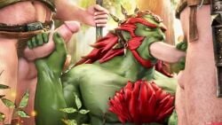 3boys 3d animated bara blowjob body_hair boner domredsins erection forest ganondorf ganondorf_(hyrule_warriors) gay green_skin handjob hyrule_warriors male_only outdoors partially_clothed sound sub_ganondorf the_legend_of_zelda video yaoi