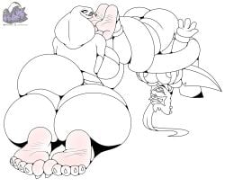 2023 3_toes 4_fingers 5_toes absurd_res anthro ass berk_rider big_breasts big_butt bottomwear breasts claws cleavage clothed clothing duo ear_piercing fangs feet female female/female fingers foot_fetish foot_focus foot_lick foot_play generation_3_pokemon generation_8_pokemon hi_res huge_breasts huge_butt licking lifted lifting mask monochrome nintendo nipples piercing pokemon pokemon_(species) rear_view reptile restrained scalie seviper simple_background snake sneasler soles teeth toe_claws toes tongue tongue_out topwear