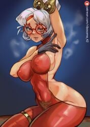 1girls arm_up armpit_fetish armpits big_breasts blush bodysuit breasts erect_nipples eyewear female female_only glasses hair hair_ornament hips lips nintendo purah purah_(tears_of_the_kingdom) red_bodysuit red_glasses ribosoma_42 solo solo_female steam steamy_breath tears_of_the_kingdom the_legend_of_zelda thighs white_hair wide_hips