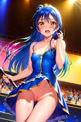 accidental_exposure ai_generated blue_hair embarrassed embarrassed_nude_female love_live! love_live!_school_idol_project no_panties nudity on_stage public pussy skirt skirt_up sonoda_umi wardrobe_malfunction