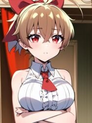 ai_generated arms_crossed big_breasts hentai kakushi_dere nonoura_nonoka red_eyes red_ribbon red_tie student