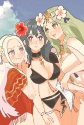 3girls alternate_costume bikini black_bikini black_swimsuit byleth_(fire_emblem) byleth_(fire_emblem)_(female) chimney_(chimney0311) edelgard_von_hresvelg edelgard_von_hresvelg_(summer) female female_only fire_emblem fire_emblem:_three_houses fire_emblem_heroes multiple_girls nintendo official_alternate_costume one_eye_closed red_one-piece_swimsuit red_swimsuit rhea_(fire_emblem) rhea_(summer)_(fire_emblem) swimsuit white_bikini white_swimsuit