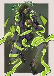 4five1 black_hair clothed coils dark_skin drool eye_roll femsub glowing glowing_eyes green_eyes hair_clips hair_covering_one_eye headphones jacket one_breast_out open_mouth original original_character spiral_eyes tentacle tentacle_sex tongue undressing