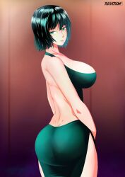 1girls alternate_costume alternate_version_available ass back back_view backless_dress backless_outfit big_ass big_breasts breasts clothing dark_green_hair dat_ass dress female female_only fubuki_(one-punch_man) green_dress green_eyes green_hair huge_ass huge_breasts lips looking_back one-punch_man pantylines reivcrow short_hair sideboob solo solo_female