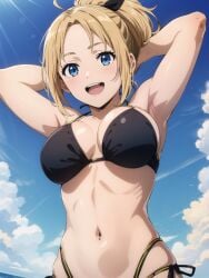 1girls ai_generated armpits arms_behind_head big_breasts bikini black_bikini blonde_hair blue_eyes busty female female_only large_breasts mature mature_female mature_woman milf mushoku_tensei navel ponytail pose posing sensual sexy_armpits solo voluptuous zenith_greyrat