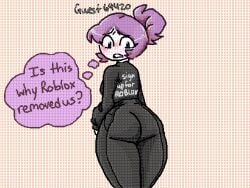 1girls ass big_ass black_clothing english_text female guest_(roblox) pink_hair roblox robloxian source_request tabbydogstar tagme text thought_bubble white_body