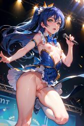 ai_generated blue_hair breasts exhibitionism long_hair love_live! love_live!_school_idol_project nipples on_stage public_nudity pussy revealing_clothes small_breasts sonoda_umi wardrobe_malfunction