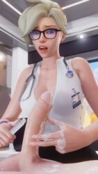 1boy 1girls 3d after_handjob angela_ziegler bewyx big_breasts big_penis blonde_hair cum cum_on_hand cum_on_penis doctor dr._ziegler glasses male mercy overwatch overwatch_2 penis stethoscope surprised uncut