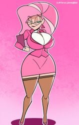 1girls atomickingboo big_hair blue_eyes breasts clothing earrings eyelashes glasses high_heels hourglass_figure lipstick ms._pink pink_hair pink_theme rice_krispies solo thick_thighs voluptuous voluptuous_female wide_hips