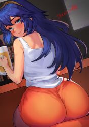 1girls alternate_costume ass bar_(place) beer_mug blue_eyes blue_hair brown_pantyhose closed_mouth commission cowboy_shot cup dutch_angle eyelashes female female_only fire_emblem fire_emblem_awakening from_behind hair_between_eyes highres holding hooters hooters_uniform indoors large_ass long_hair looking_at_viewer looking_back lucina_(fire_emblem) mug nintendo orange_shorts pantyhose r123 short_shorts shorts sidelocks sitting skeb_commission sleeveless smile tank_top thank_you thighs tiara waitress white_tank_top