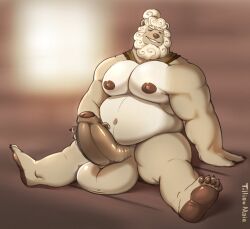 anthro balls bear beard belly big_balls big_belly big_penis cream_fur foreskin furry hand_on_penis huge_balls huge_cock humanoid_penis male male_only mammal musclegut muscles muscular_arms muscular_male nipples pecs penis sitting smirking solo solo_male thick_penis thick_thighs tilionmaia ursid ursine