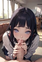 1girls ai_generated aigeneratedp blowjob blush cute eye_contact female fringe hime_cut hyuuga_hinata long_hair looking_at_viewer male_pov naruto naruto_(series) naruto_shippuden oral petite pov pov_eye_contact shy teenager