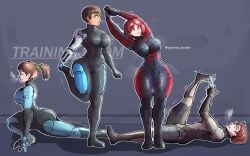 2d_(artwork) 4girls armor ass blue_eyes breasts brown_hair catherine-b320 child_bearing_hips english_text female_spartan_(halo) green_eyes halo_(series) halo_reach hips kat-b320 kelly-087 large_ass large_breasts linda-058 looking_at_viewer mechanical_arm medium_hair olympia_vale orange_hair power_armor prosthetic_arm red_eyes red_hair spartan_(halo) spartan_iii_(halo) spartandoodles stretching thick_thighs thighs wide_hips