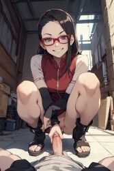 1boy 1girls ai_generated aigeneratedp boruto:_naruto_next_generations cute erection female glasses handjob holding_penis imminent_sex male naruto naruto_(series) naughty_face penis petite pulling sarada_uchiha slim smiling smirking smirking_at_viewer teenager toes younger_female