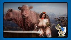 3d bethesda_softworks cow_bikini cow_print cowbell dripping_milk emotrashcan fallout milk_leaking screenshot sole_survivor_(female) vault_boy vault_dweller