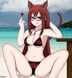 1girls animal_ears beach bikini blue_eyes breasts commission daikiri_di_mon glasses heart necklace original_character red_hair spread_legs suggestive_look tail