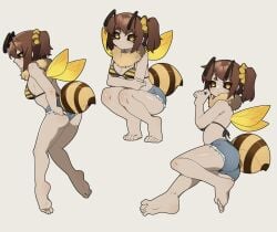 antennae antennae_(anatomy) ass bee_(junkzero) bikini bikini_top black_sclera blush feet female insect insect_girl jean_shorts junkzero monster_girl original_character short_shorts shorts tagme yellow_eyes