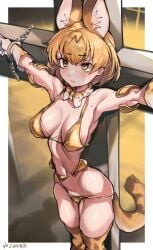 animal_ears animal_print armpits big_breasts bikini blonde_hair bondage bound bracelets breasts chained clothing collarbone crucifixion female gloves iparuputsua kemono_friends navel partially_clothed ribbon_tie serval_(kemono_friends) sweat tail thick_thighs thighhighs tie yellow_eyes