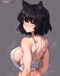 1girls black_hair blake_belladonna bluefield breasts cat_ears catgirl female large_breasts light-skinned_female light_skin rwby short_hair steam sweat sweaty tank_top