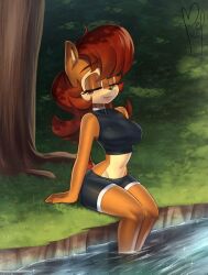 1girls anthro anthro_only archie_comics artist_request big_breasts breasts closed_eyes crop_top curvy cute eyelashes eyeliner eyeshadow female female_only freckles furry furry_only hi_res hourglass_figure legs_in_water lipstick long_hair makeup medium_breasts midriff river sally_acorn sega short_shorts shorts sleeveless_shirt smile solo sonic_(series) sonic_the_hedgehog_(archie) sonic_the_hedgehog_(comics) sonic_the_hedgehog_(series) tail thin_waist water