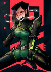 4five1 absurdres armor belt black_hair bodysuit breast_fondling clothed female_only femsub heart_eyes holding_breasts hypnosis kneeling mind_control open_mouth short_hair simple_background sitting solo spread_legs steam symbol_in_eyes thighhighs valorant viper_(valorant)