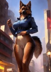 2023 ai_generated anthro bottomless breasts canid canine canis clitoral_hood clitoris clothed clothing crop_top domestic_dog female front_view furry genitals german_shepherd herding_dog looking_at_viewer low-angle_view mammal navel pastoral_dog police_uniform pussy shirt solo tagme topwear uniform wolf552906