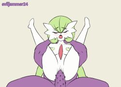 breasts closed_eyes cum_in_pussy cum_inside eviljammer24 full_nelson full_nelson_(legs_held) full_nelson_vaginal gardevoir green_hair legs_up penis pokémon_(species) pokemon pokemon_(species) purple_body self_upload vaginal_penetration white_body