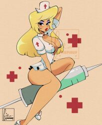 1girls animaniacs arm_up black_eyes blonde_hair blush breasts cleavage collarbone cresscin cross dress eyeshadow female female_only hat hello_nurse high_heels large_breasts long_hair looking_at_viewer makeup nurse nurse_cap open_clothes open_dress raised_eyebrow red_cross red_lips shoes short_sleeves sitting syringe white_dress white_footwear white_headwear