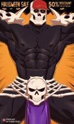 1boy 2020 abs bara barazoku biceps cresxart double_dragon_neon english_text gay halloween hi_res highres kunio-kun male male_focus male_only manly muscles muscular muscular_arms muscular_legs muscular_male muscular_thighs nipples river_city_girls skeleton skull_head skullmageddon solo solo_male spread_legs text