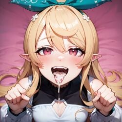 ai_generated blonde_hair blush cum_drip cum_in_mouth hair_ribbon nijisanji nijisanji_en pomu_rainpuff red_eyes tagme virtual_youtuber