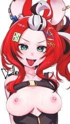 1girls artist_request bare_shoulders big_breasts blue_eyes colorful_eyes female female_only hakos_baelz hakos_baelz_(3rd_costume) hololive hololive_english hololive_english_-council- hololive_english_-promise- looking_at_viewer mouse_ears neck only_top red_hair sharp_teeth smile smiling smiling_at_viewer solo_female tongue tongue_out virtual_youtuber wet wet_breasts