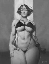 1girls basnip big_ass big_breasts big_butt bikini curvy grayscale highres hourglass_figure leash looking_at_viewer muscular muscular_female semi_nude short_hair solo solo_female tagme thick_thighs thigh_gap thighs voluptuous wavy_hair wide_hips