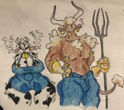 1boy 1girls big_breasts bovine clothing cow_girl drawn furry hand_drawn mr._momoz traditional_media_(artwork)