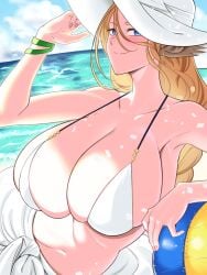 1girls beach beachball big_breasts bikini blonde_hair blue_eyes bracelet centaur centauress centorea_shianus female_only hat huge_breasts imaani large_breasts long_hair monster_girl monster_musume_no_iru_nichijou seaside smile