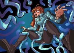 4five1 absurdres ahe_gao anal blush celeste celeste_(game) female_only femsub hypnosis jacket jeans madeline_(celeste) mind_control orange_hair rape red_hair spiral_eyes tentacle tongue_out