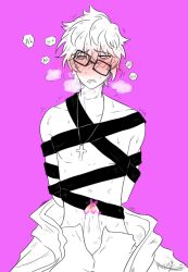 1boy 707_(mystic_messenger) blush bondage cross_necklace erection glasses glasses_askew male male_only mystic_messenger panting penis skinny