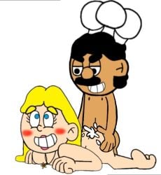 1boy 1girls ambiguous_penetration blonde_hair blush chef chef_hat chef_pee_pee_(sml) cum_inside dark-skinned_male light-skinned_female pleasure_face rose_(sml) sml supermariologan