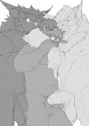 balls blush bugbear erection furry hairy islate_(artist) male male/male male/male/male male_only monochrome nipple nipple_piercing penis precum precum_drip pubic_hair